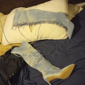 Baby blue 6inch. Heel boots lace up to the thigh